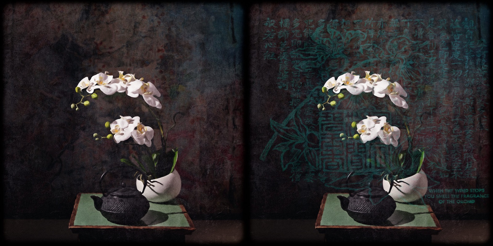 Diptych with orchids and japanese tea can on little table. Photo by Martin Nienberg
